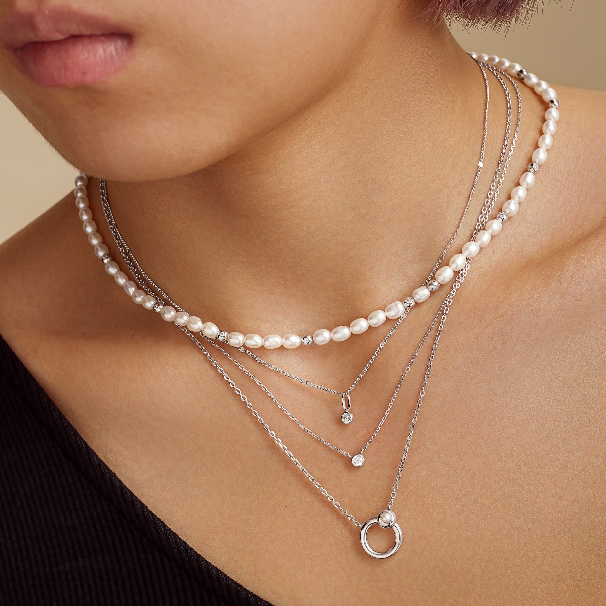 Ania Haie Chic Creator Silver Hoop helmikaulakoru makeanvedenhelmi